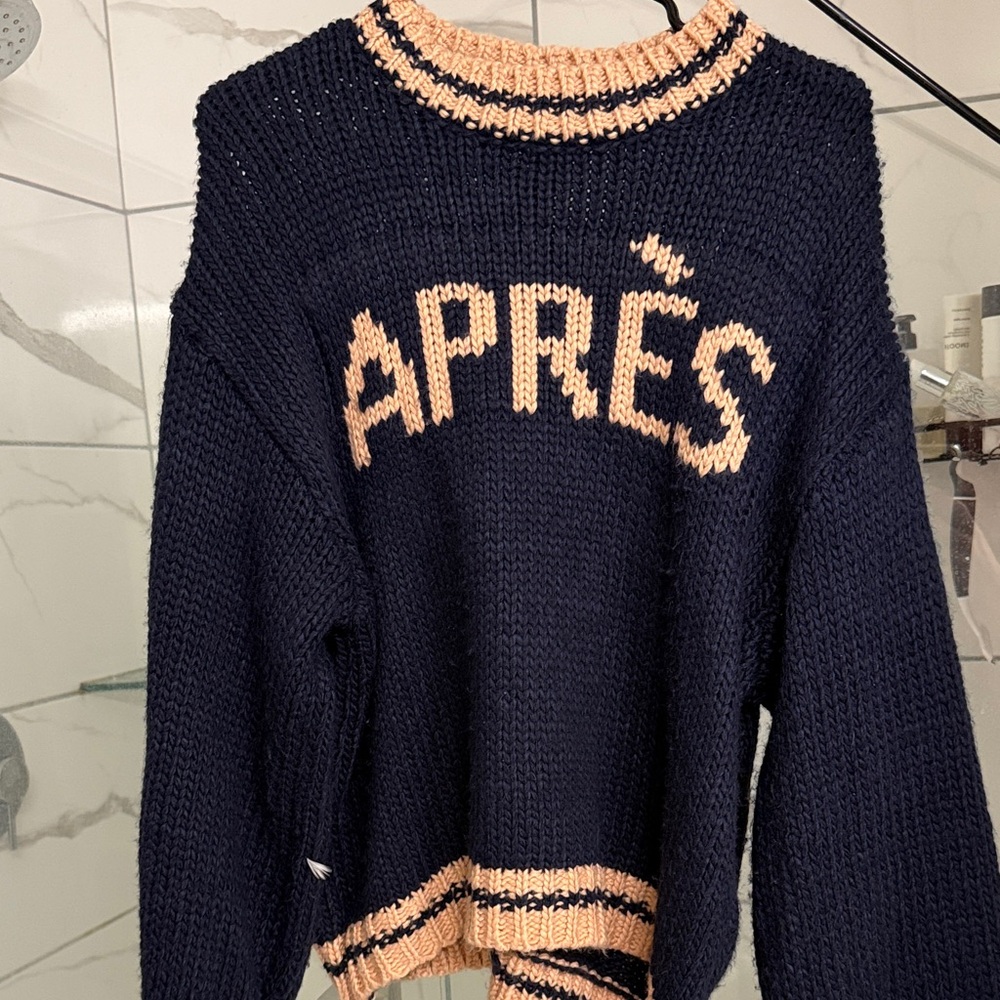 Anthropologie Navy Sweater with Peach Trim and 'APRÈS' Lettering